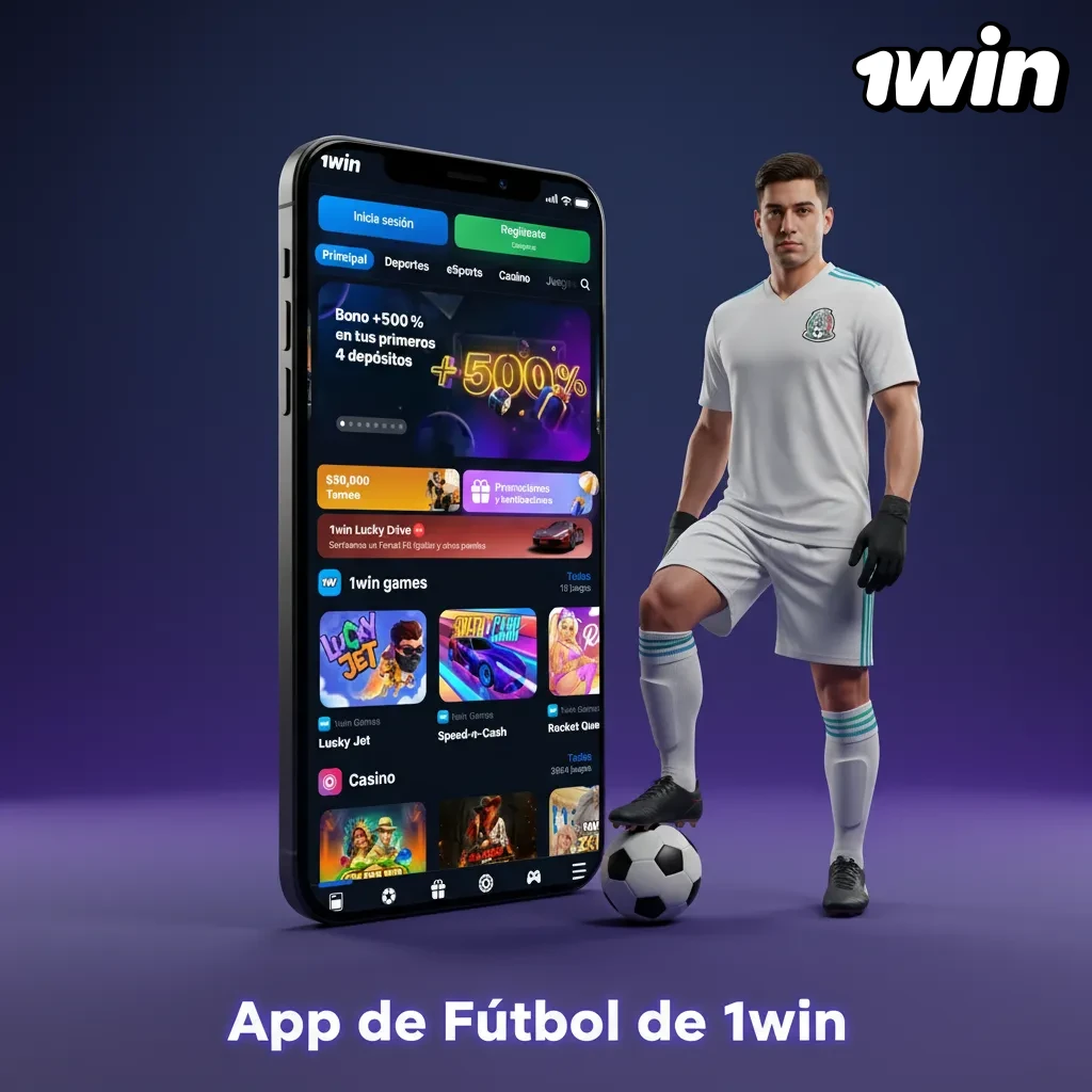 Interfaz de la app 1win de fútbol en móvil, mercados 1X2, totales y hándicap, disponible en Android, iOS y PWA.