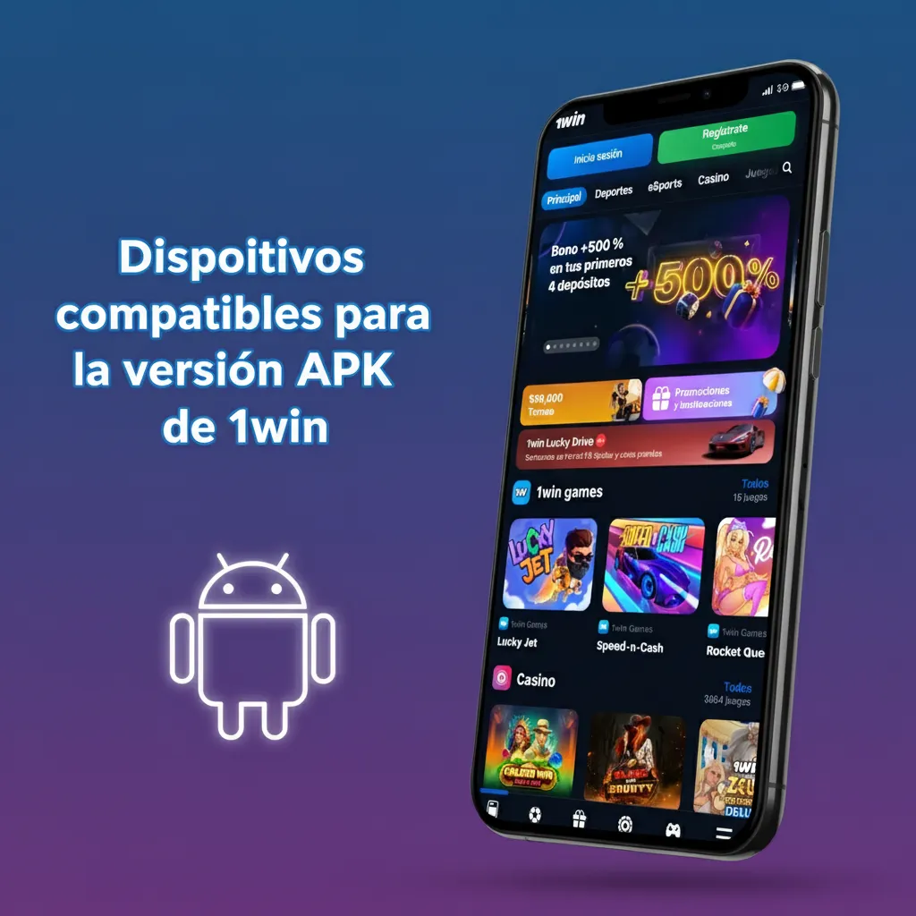 Tabla de dispositivos Android compatibles con 1win APK: Samsung, Sony, Huawei, OnePlus, Oppo, Google, Xiaomi; Android 8.0+