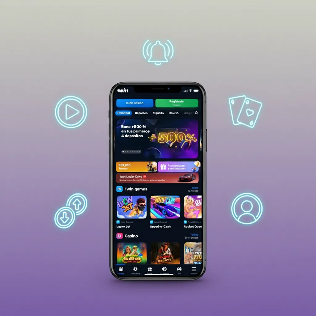 Interfaz de la app 1win con apuestas en vivo, casino, streaming, cambios de cuota, saldo, depósitos, retiros y alertas.