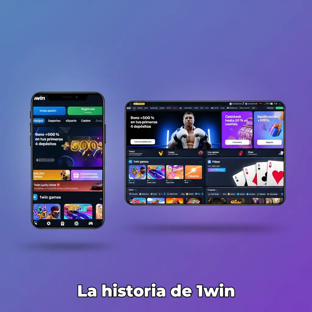 Infografía de la historia de 1win: fundada en 2016, licencia en Curazao, expansión global y promos de apuestas y casino.