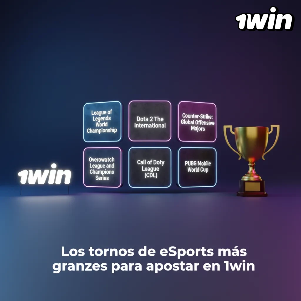 Gráfico de 1win con los mayores torneos eSports: Dota 2, CS2, LoL, Valorant, SC2, MLBB y R6; grupos, playoffs y finales.